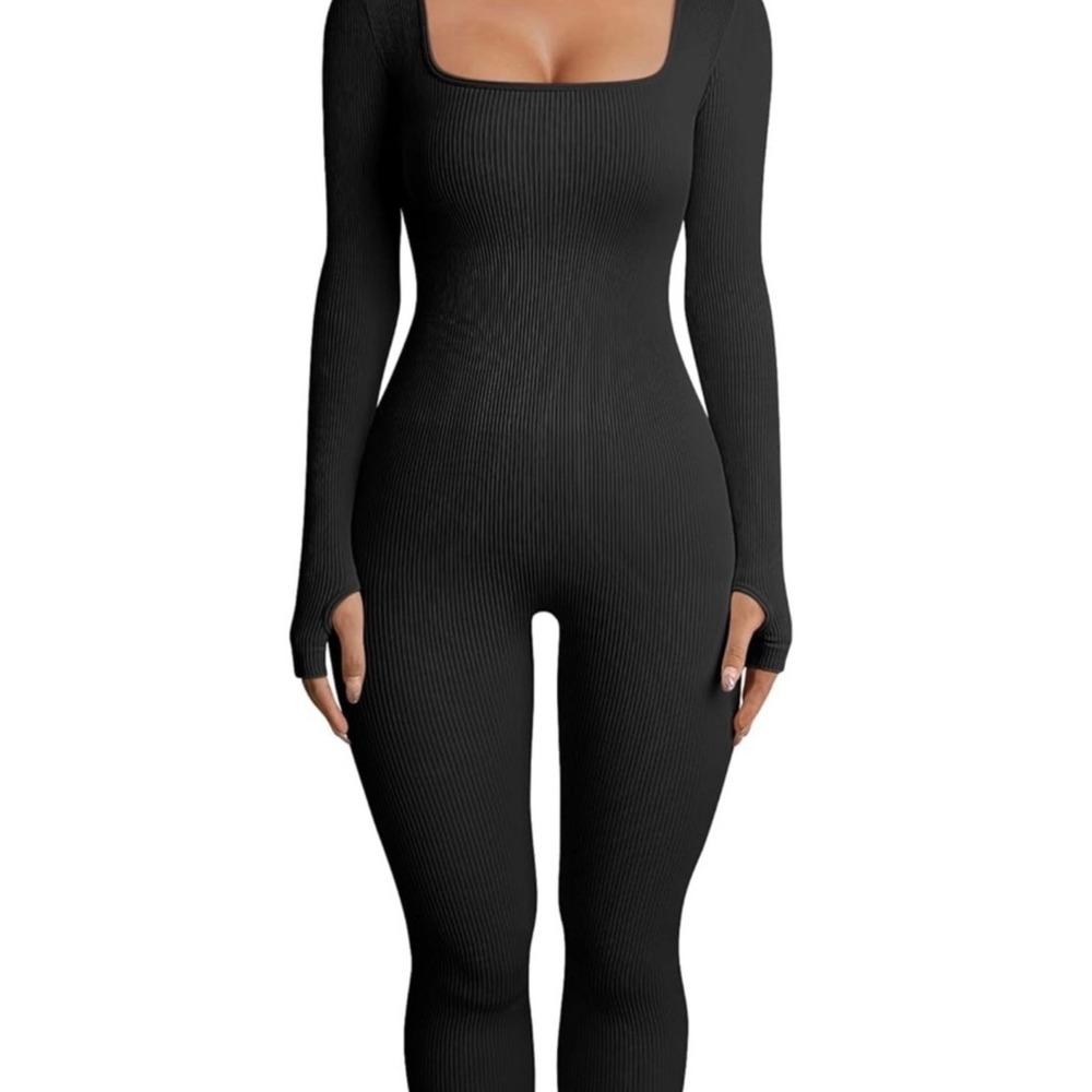 OQQ Ribbed Long‎ Sleeve Jumpsuit Women Medium Black Excellent Thumbhole Bodysuit